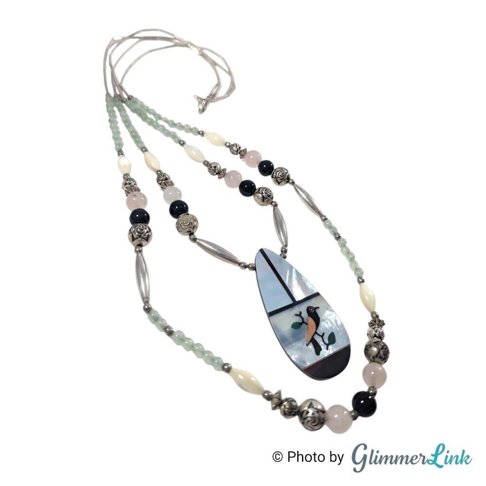 Vintage Bird Inlay Pendant Necklace Aventurine Rose Quartz Onyx Silver Tone - Picture 2 of 15